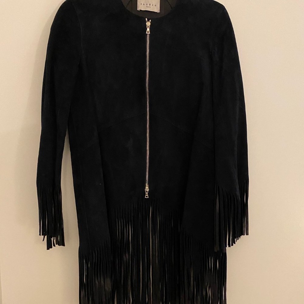 SANDRO Blue Suede Goat Leather Fringe Jacket Sz 1